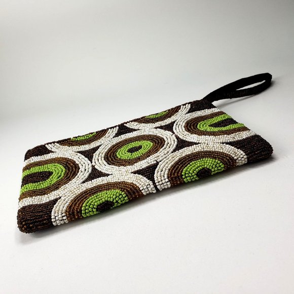 Vintage beaded zip clutch Retro brown, green, white circle motif handbag wallet - Picture 2 of 14